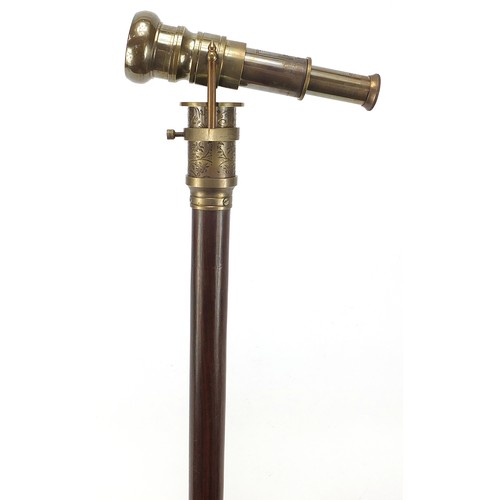 356 - Hardwood walking stick with brass compass and two draw telescope pommel, 96cm in length