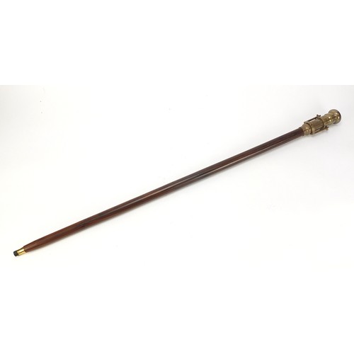 356 - Hardwood walking stick with brass compass and two draw telescope pommel, 96cm in length