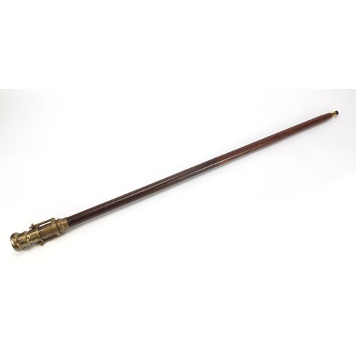 356 - Hardwood walking stick with brass compass and two draw telescope pommel, 96cm in length