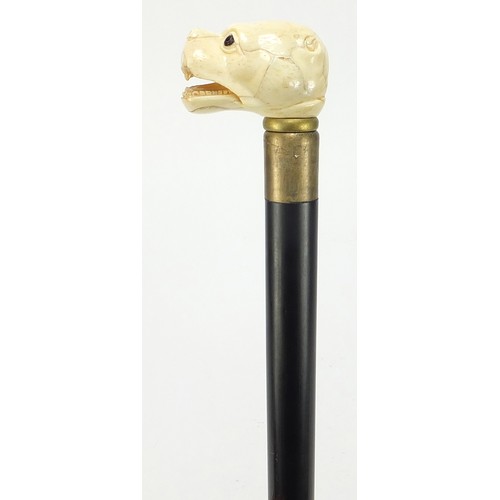 359 - Hardwood walking stick with carved bone dog design handle, 88.5cm in length