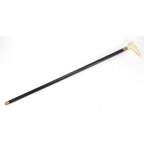 360 - Hardwood walking stick with carved bone duck design handle, 91.5cm in length