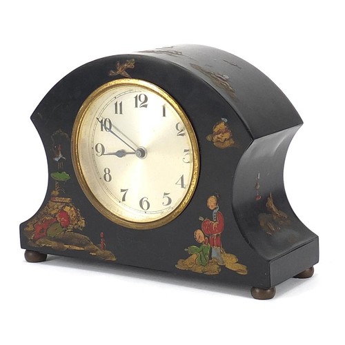 484 - Oriental black lacquered chinoiserie mantle clock, 19cm wide