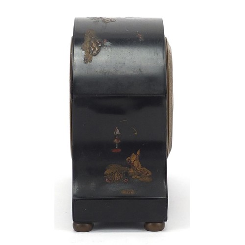 484 - Oriental black lacquered chinoiserie mantle clock, 19cm wide