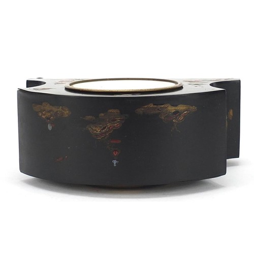 484 - Oriental black lacquered chinoiserie mantle clock, 19cm wide