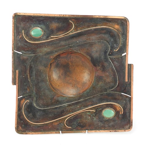 528 - Sam Fanaroff, Arts & Crafts style copper centre bowl with green stone cabochons, 40cm x 39cm