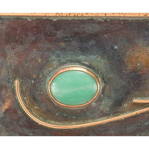 528 - Sam Fanaroff, Arts & Crafts style copper centre bowl with green stone cabochons, 40cm x 39cm