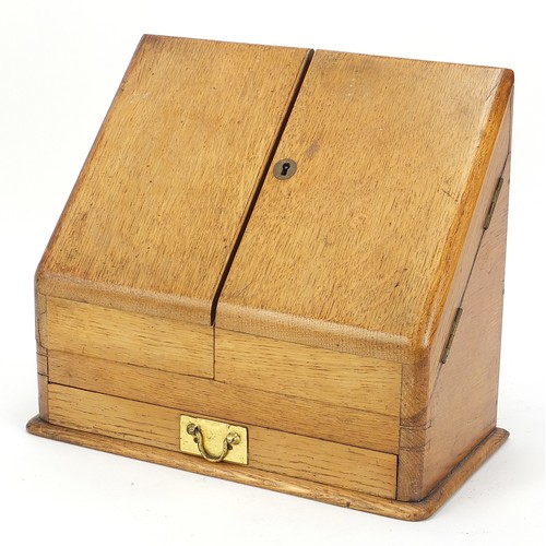 591 - Edwardian oak stationary box with letter rack and base drawer, 29cm H x 31.5cm W x 16cm D