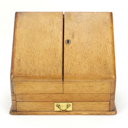 591 - Edwardian oak stationary box with letter rack and base drawer, 29cm H x 31.5cm W x 16cm D