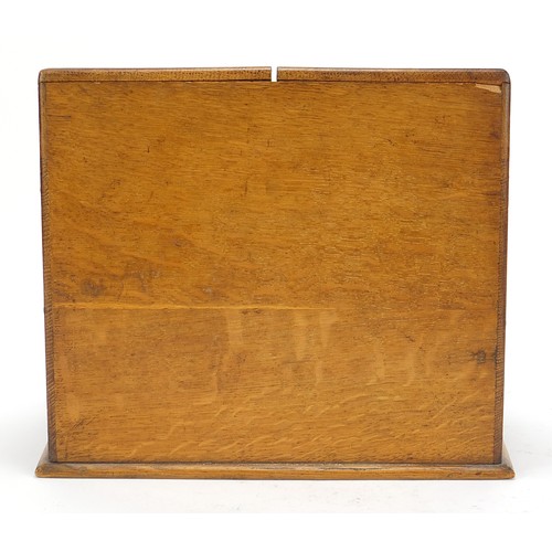 591 - Edwardian oak stationary box with letter rack and base drawer, 29cm H x 31.5cm W x 16cm D