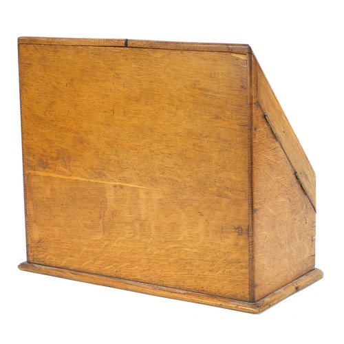 591 - Edwardian oak stationary box with letter rack and base drawer, 29cm H x 31.5cm W x 16cm D