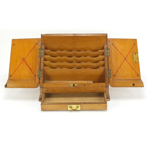 591 - Edwardian oak stationary box with letter rack and base drawer, 29cm H x 31.5cm W x 16cm D