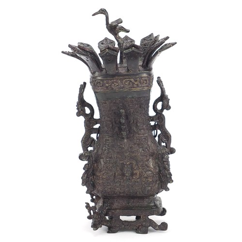 730 - Good Chinese patinated bronze archaic style vase and cover, 24cm high