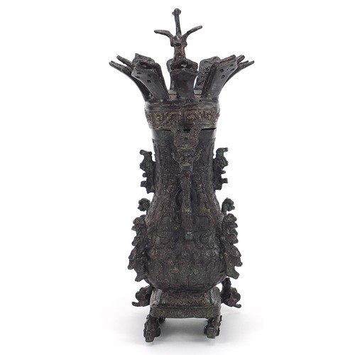 730 - Good Chinese patinated bronze archaic style vase and cover, 24cm high