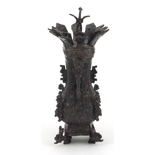 730 - Good Chinese patinated bronze archaic style vase and cover, 24cm high