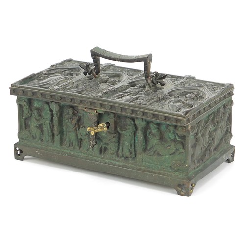 758 - 19th century style classical bronzed casket, 9cm H x 21.5cm W x 12.5cm D