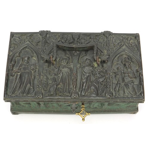 758 - 19th century style classical bronzed casket, 9cm H x 21.5cm W x 12.5cm D