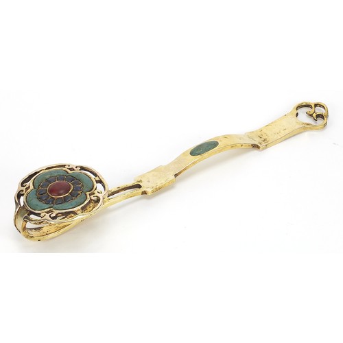 836 - Chinese bronze and hardstone ruyi sceptre, 31cm in length