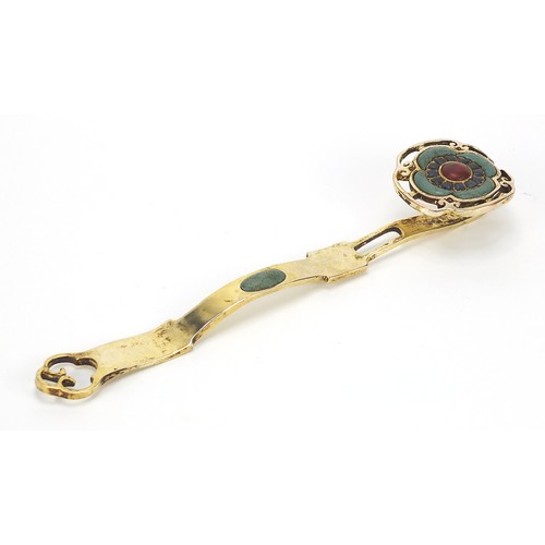 836 - Chinese bronze and hardstone ruyi sceptre, 31cm in length