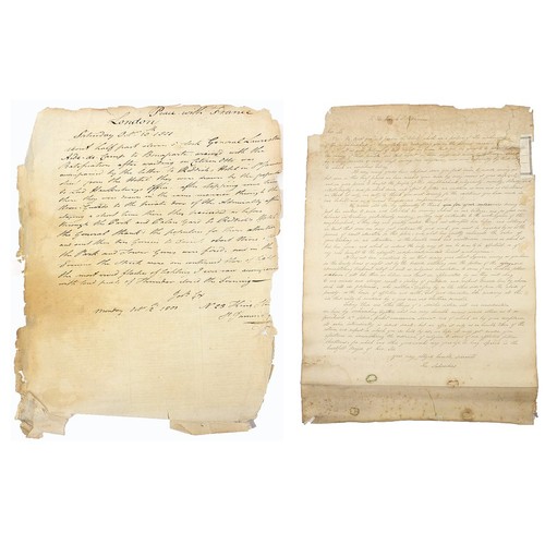 958 - Two antique hand written letters including one titled Peace with France signed by Joseph Cox