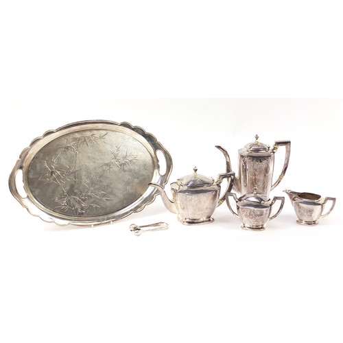 101 - Chinese export silver six piece tea and coffee service engraved with a bamboo grove, housed in a vel... 