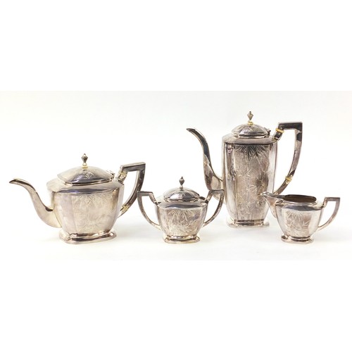 101 - Chinese export silver six piece tea and coffee service engraved with a bamboo grove, housed in a vel... 