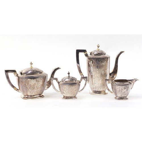 101 - Chinese export silver six piece tea and coffee service engraved with a bamboo grove, housed in a vel... 