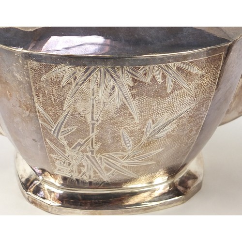 101 - Chinese export silver six piece tea and coffee service engraved with a bamboo grove, housed in a vel... 