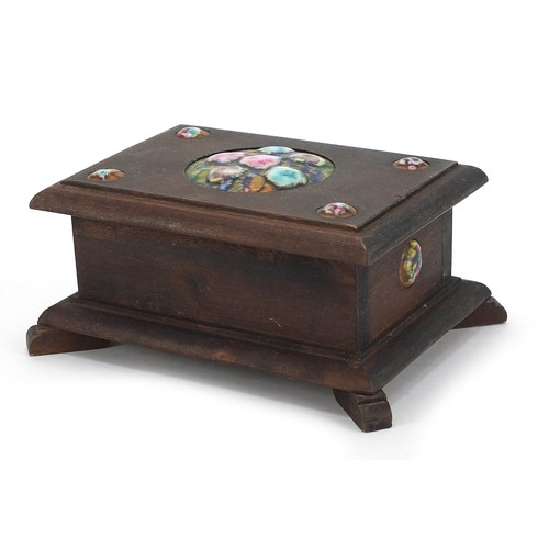 534 - Arts & Crafts hardwood casket with enamelled roundels, 8cm H x 17cm W x 12cm D