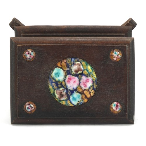 534 - Arts & Crafts hardwood casket with enamelled roundels, 8cm H x 17cm W x 12cm D