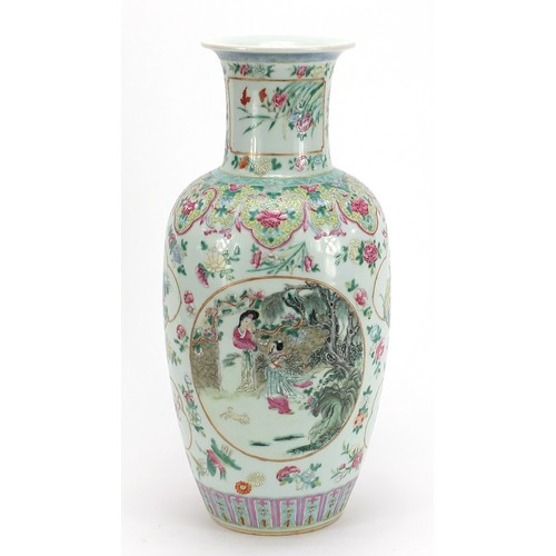 177 - Large Chinese porcelain baluster vase finely hand painted in the famille rose palette with panels of... 