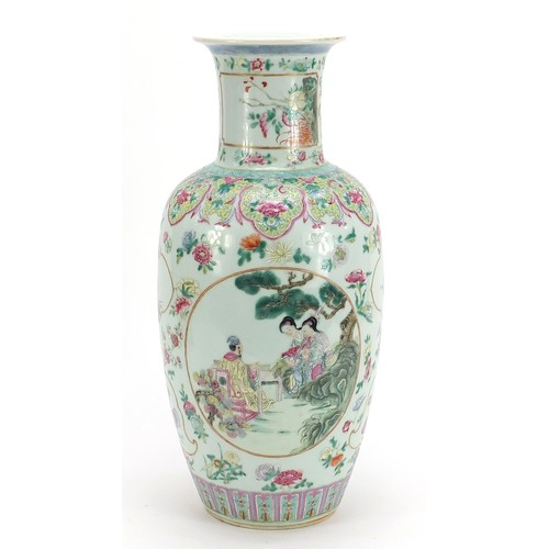 177 - Large Chinese porcelain baluster vase finely hand painted in the famille rose palette with panels of... 