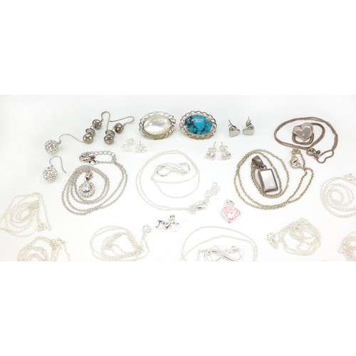 1029 - Silver jewellery including turquoise and mother of pearl brooch, necklaces and earrings, total 53.0g