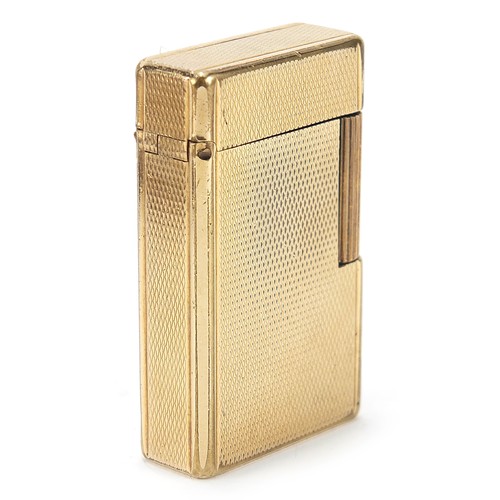 752 - S J Dupont, gold plated pocket lighter with engine turned decoration with box and paperwork, 6cm hig... 