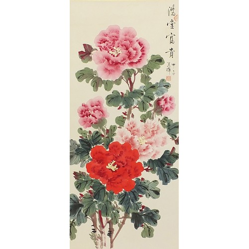 644A - Chrysanthemums, Chinese watercolour wall hanging scroll with calligraphy and red seal marks, 102cm x... 