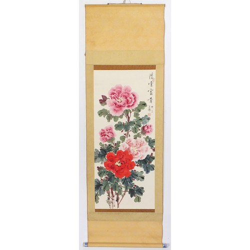 644A - Chrysanthemums, Chinese watercolour wall hanging scroll with calligraphy and red seal marks, 102cm x... 