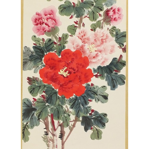 644A - Chrysanthemums, Chinese watercolour wall hanging scroll with calligraphy and red seal marks, 102cm x... 