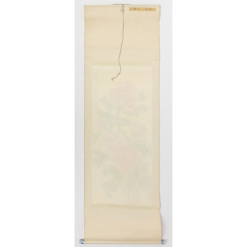 644A - Chrysanthemums, Chinese watercolour wall hanging scroll with calligraphy and red seal marks, 102cm x... 