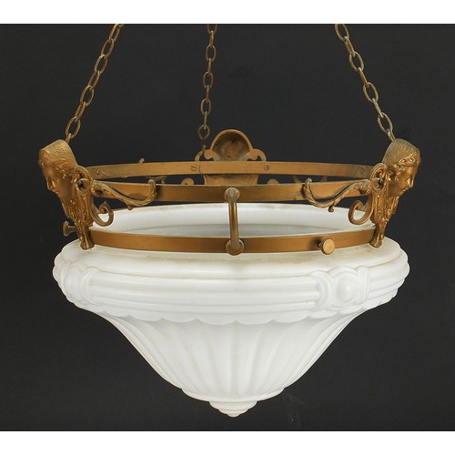 326 - Early 20th century gilt metal and frosted opaline glass light pendant with three masks, 26cm high x ... 