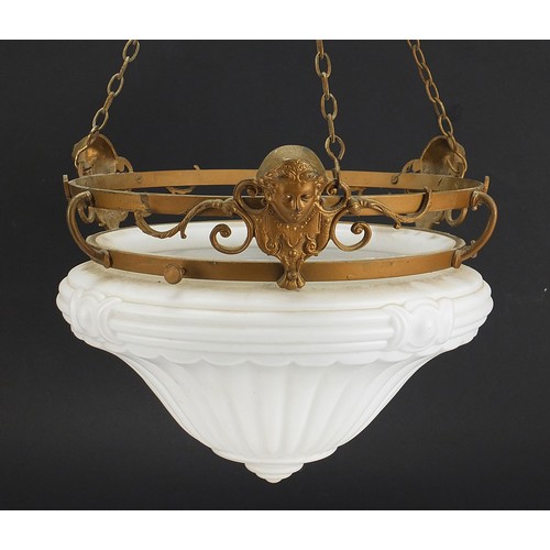 326 - Early 20th century gilt metal and frosted opaline glass light pendant with three masks, 26cm high x ... 