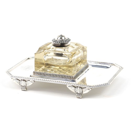 784 - Walker & Hall silver plated desk stand with cut glass inkwell, 25cm wide