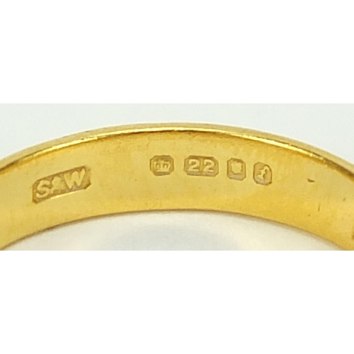 675 - Five Victorian and later 22ct gold wedding bands, London 1900, 1926, 1961, sizes P, O/P, L and Birmi... 