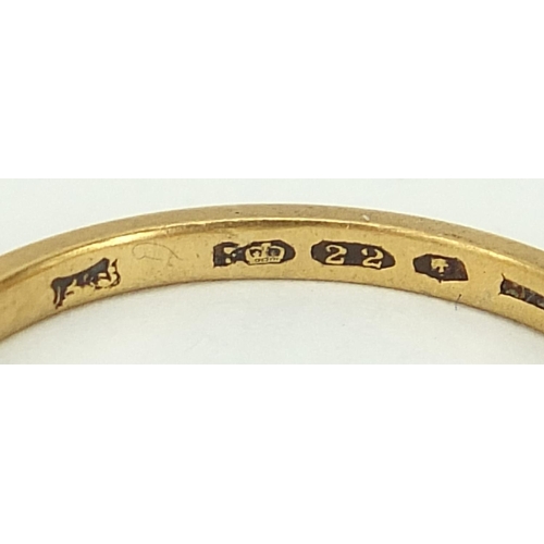 695 - Three 22ct gold wedding bands, Birmingham 1915 size O, London 1933 size T and one with indistinct ha... 