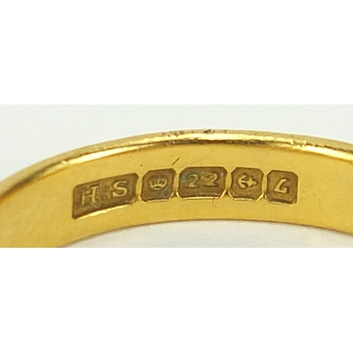 705 - Two 22ct gold wedding bands, London 1906 size M and Birmingham 1960 size N, total 7.3g - this lot is... 