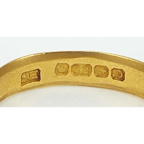 700 - Four 22ct gold wedding bands, Birmingham 1928 size J, Birmingham 1936 size R, London 1951 size N, an... 