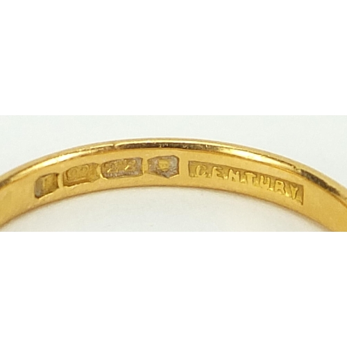 700 - Four 22ct gold wedding bands, Birmingham 1928 size J, Birmingham 1936 size R, London 1951 size N, an... 