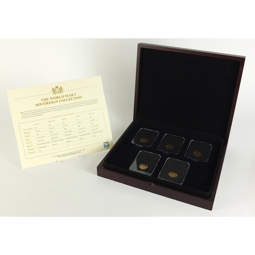 651 - The World War I Sovereign Collection comprising five George V gold sovereigns, 1914 London Mint, 191... 