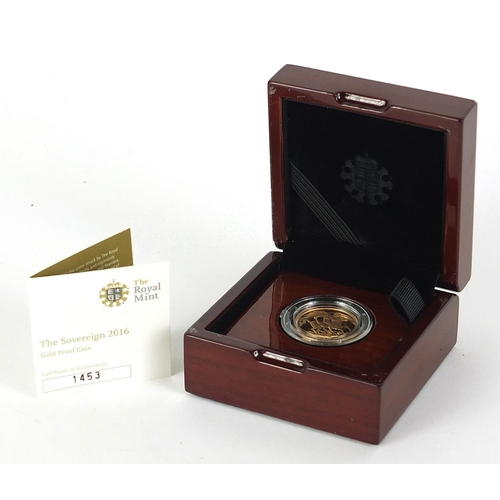660 - Elizabeth II 2016 gold proof sovereign with case and certificate numbered 1453 - this lot is sold wi... 
