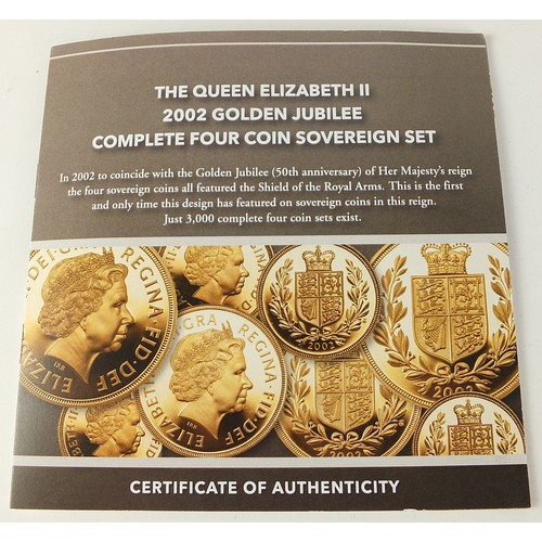 710 - Queen Elizabeth II 2002 Golden Jubilee complete four coin sovereign set by Hattons of London, with c... 