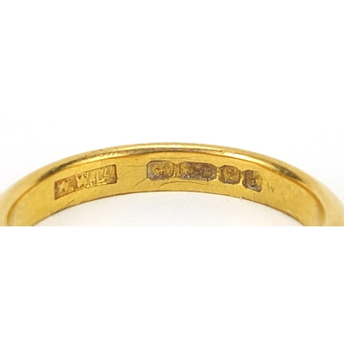 853 - Two 22ct gold wedding bands including a Victorian example, London 1890 and 1956, both size L, total ... 