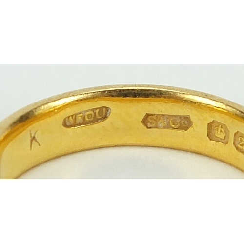 840 - Three George V 22ct gold wedding bands, Birmingham 1924 size I, Birmingham 1926 size K and Birmingha... 